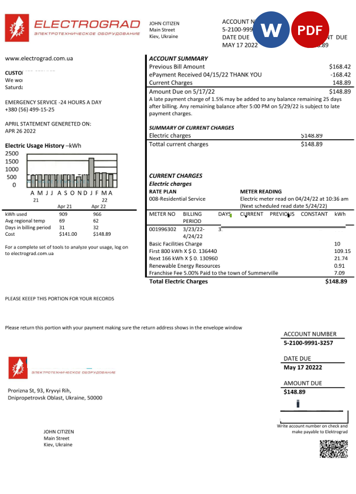 Ukraine Elektrograd electricity utility bill template in Word and PDF ...